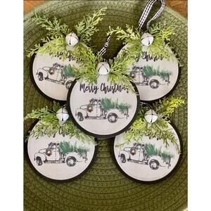 Country Farmhouse Christmas Rustic White Pick-up Truck Ornament Set of 5  (4.5”)